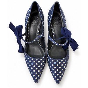 Tory Burch Polka Dot Bow Mary Jane Pumps Women 9 Navy Blue Good Kitten Heel